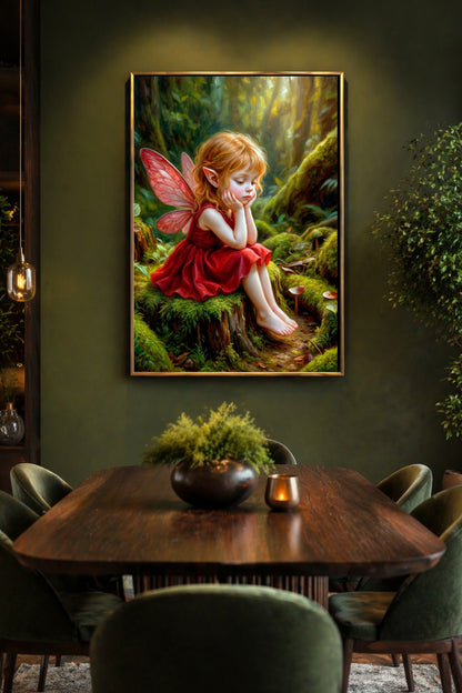 Fairy Print mit kleiner Waldelfe, roten Flügeln und rotem Kleid, nachdenklich sitzend in einem moosigen Wald mit warmem Licht.