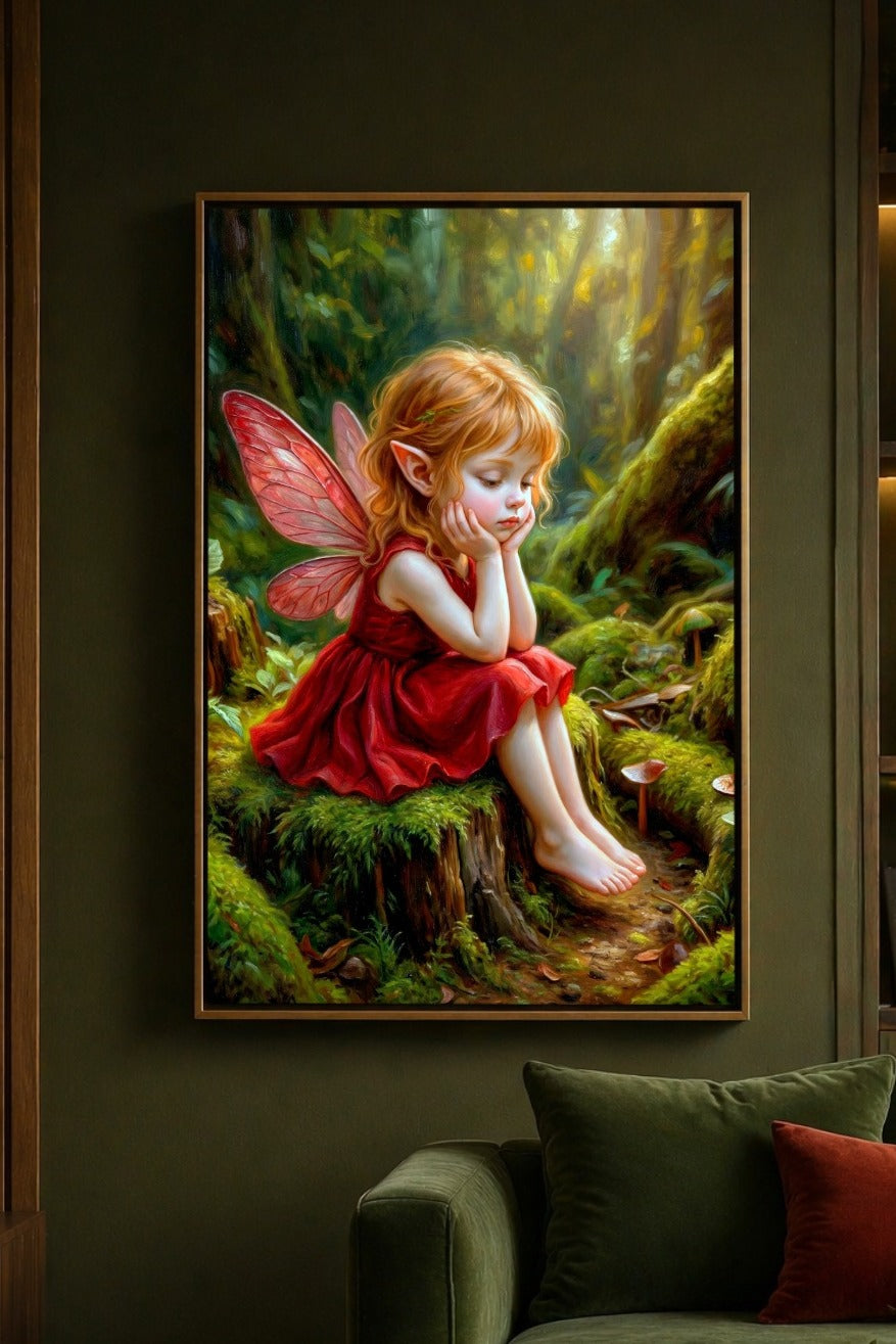Dieses Bild zeigt eine kleine Fee mit weichem, rotblondem Haar und rosa Flügeln, die auf einem moosbewachsenen Baumstumpf im Wald sitzt. Sie trägt ein rotes Kleid, stützt ihr Gesicht in die Hände und blickt in stiller, nachdenklicher Pose nach unten. Um sie herum sind Moos, Wurzeln, winzige Pilze und tiefgrüne Walddetails zu sehen. Das Kunstwerk wirkt verträumt, sanft und leicht melancholisch und eignet sich daher hervorragend für fantasievolle Dekorationen, gemütliche Interieurs oder verspielte Wandbilders