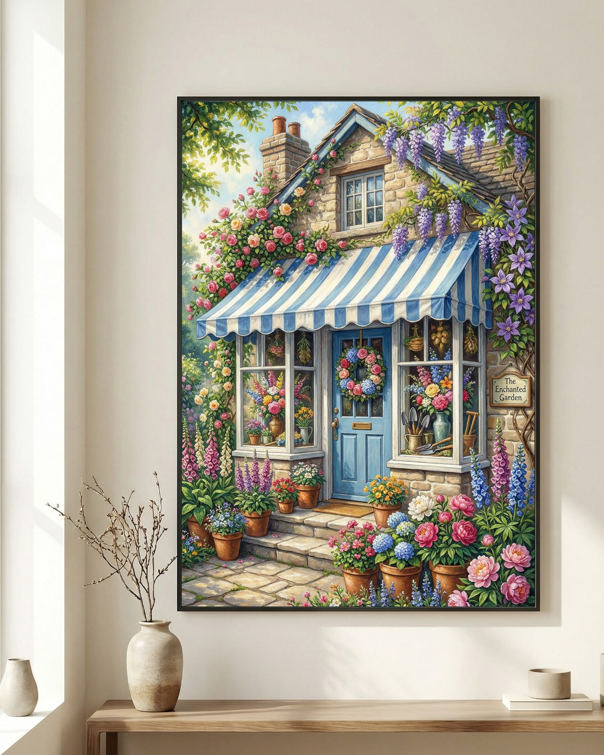 Cottage Garten Poster mit blau-weißer Markise, Steinhausfassade und üppigen Blumen in Rosa, Violett und Grün
