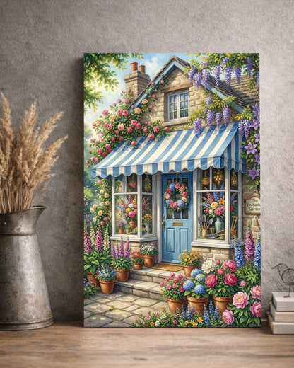 Cottage Garten Poster mit blau-weißer Markise, Steinhausfassade und üppigen Blumen im Landhausstil
