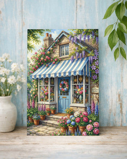 Cottage Garten Poster mit blau-weißer Markise, Steinhausfassade und üppigen Blumen im Landhausstil