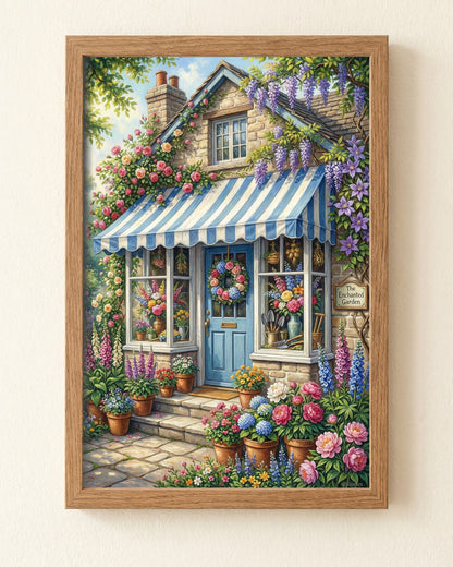 Cottage Garten Poster mit blau-weißer Markise, Steinhausfassade und üppigen Blumen in Rosa, Violett und Grün