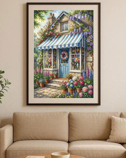 Cottage Garten Poster mit blau-weißer Markise, Steinhausfassade und üppigen Blumen in Rosa, Violett und Grün
