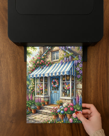 Cottage Garten Poster mit blau-weißer Markise, Steinhausfassade und üppigen Blumen im Landhausstil