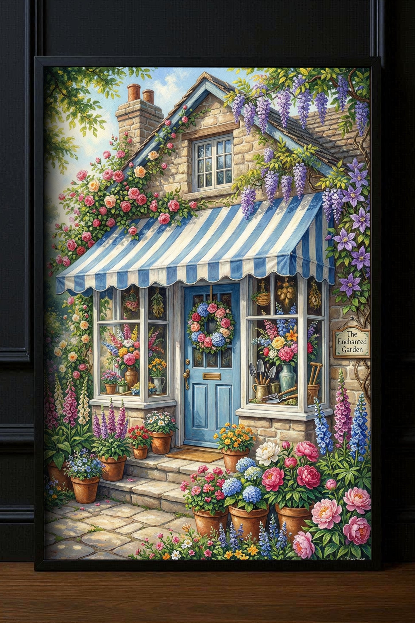 Cottage Garten Poster mit blau-weißer Markise, Steinhausfassade und üppigen Blumen in Rosa, Violett und Grün