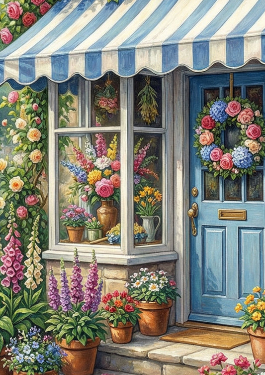 Cottage Garten Poster mit blau-weißer Markise, Steinhausfassade und üppigen Blumen im Landhausstil