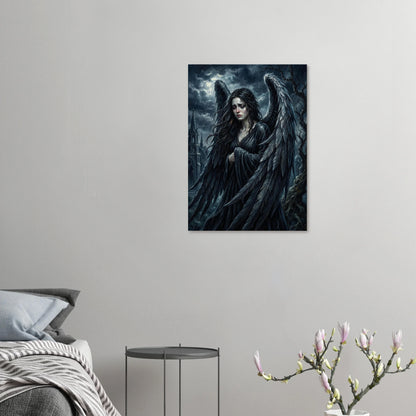 Hochwertiger Kunstdruck eines weinenden Engels mit nassen schwarzen Flügeln im Regen; düstere gotische Kathedrale im Hintergrund in Nachtblau und Anthrazit.