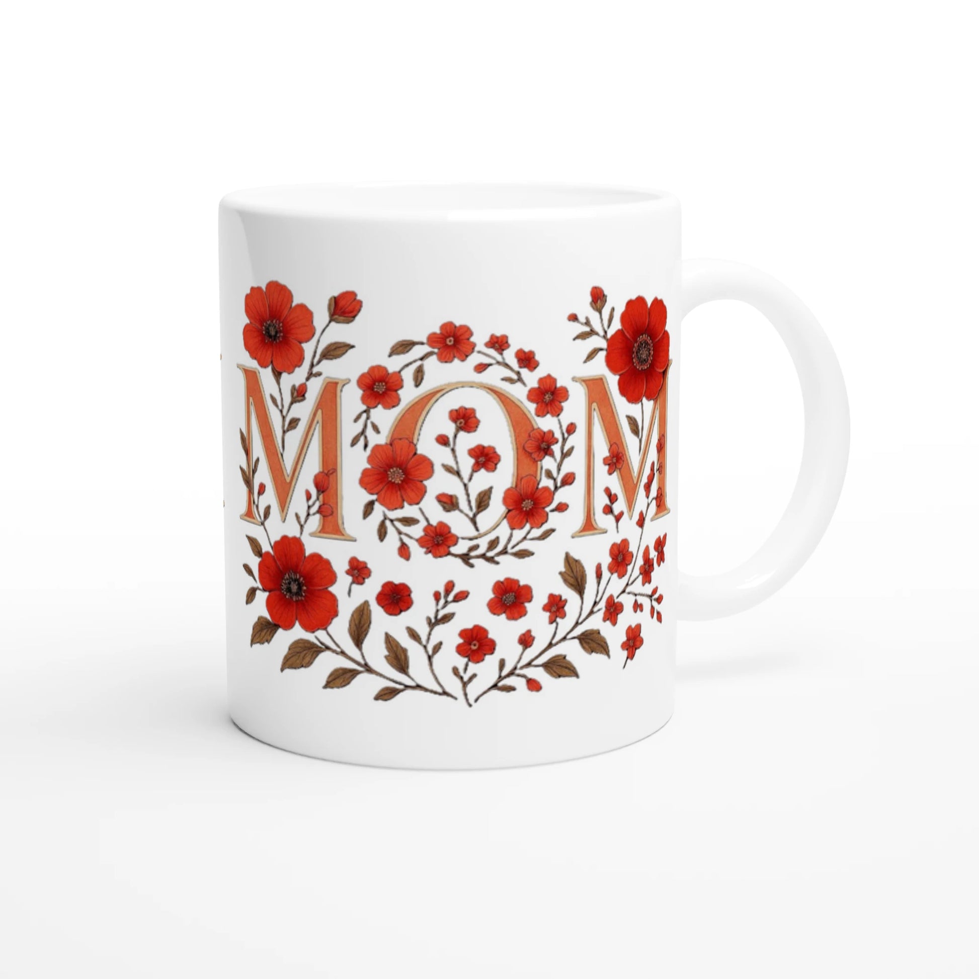 Weiße Keramiktasse mit floralem Blumenkranz und Schriftzug MOM in Rot, glänzende Oberfläche, liebevolle Geschenkidee für Muttertag oder Alltag