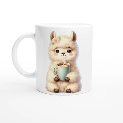 Keramiktasse mit niedlichem Lama, das eine Tasse hält, weiche Pastellfarben, ideal als Geschenk für Kaffee- und Tierliebhaber