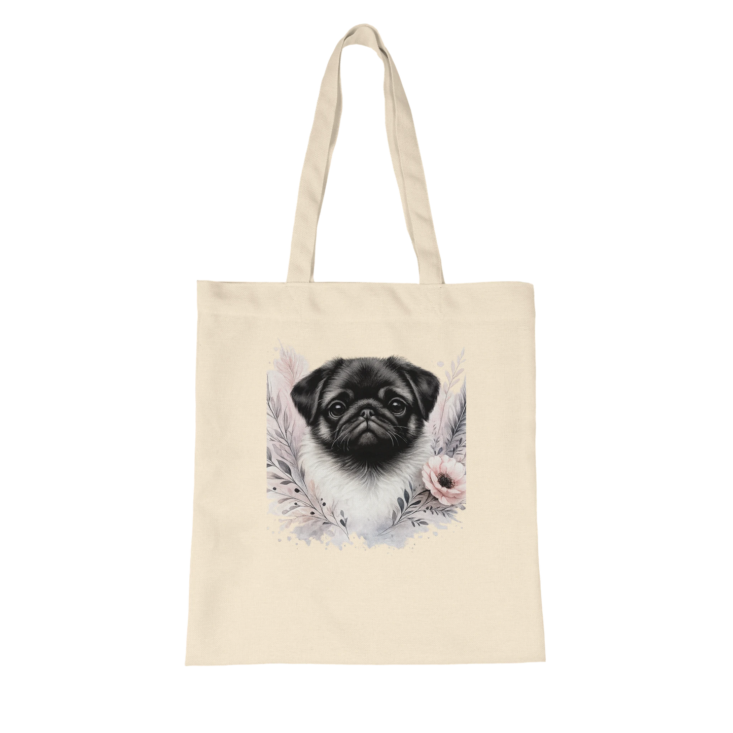 Naturfarbene Stofftasche aus Bio Baumwolle mit liebevoll illustriertem Hundemotiv, getragen als leichte Einkaufstasche für Alltag und Freizeit