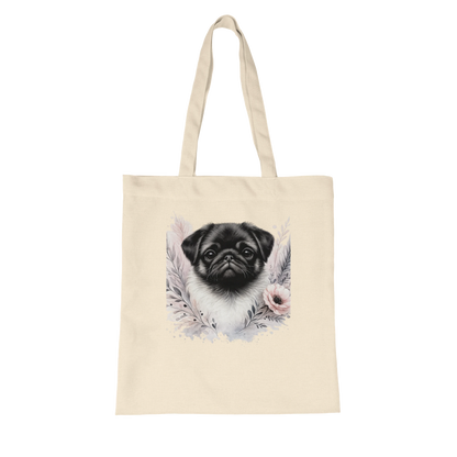 Naturfarbene Stofftasche aus Bio Baumwolle mit liebevoll illustriertem Hundemotiv, getragen als leichte Einkaufstasche für Alltag und Freizeit