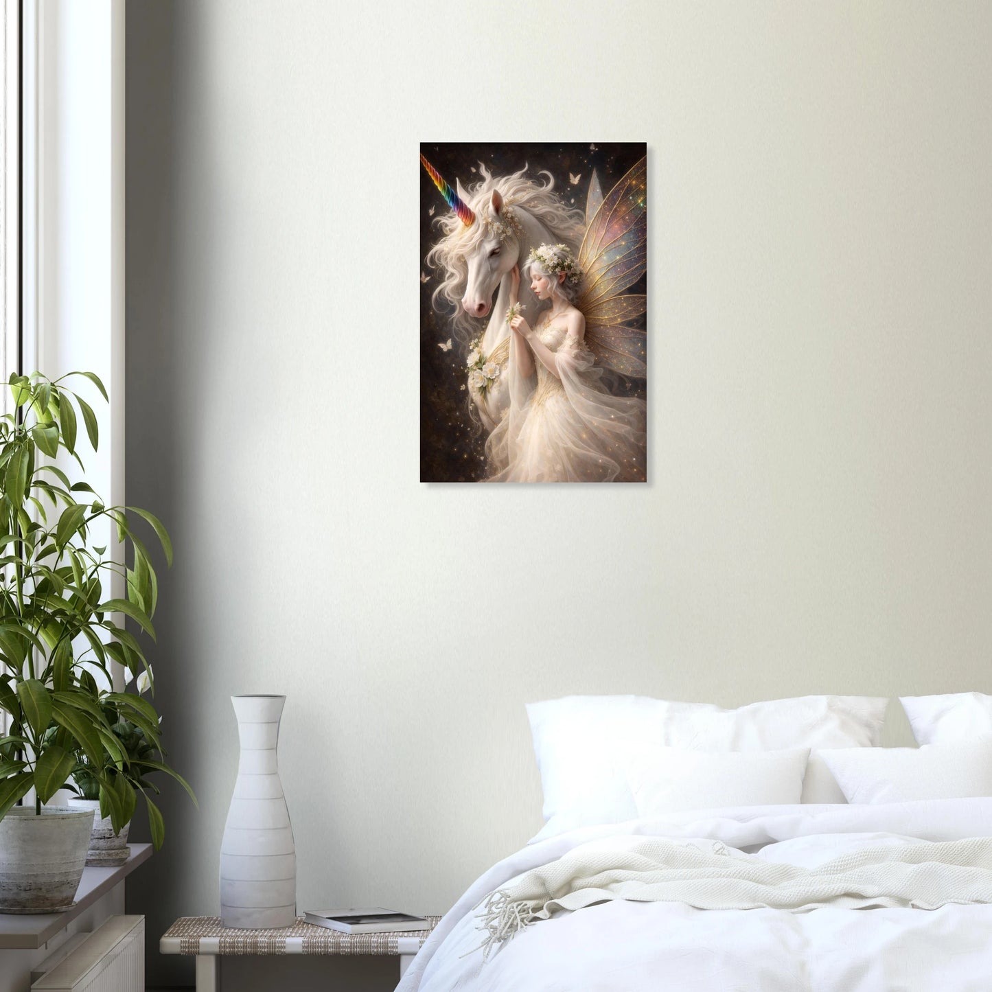 Hochwertiges Fantasy-Poster: Majestätisches weißes Einhorn mit einer zarten Elfe im Blumenkranz. Elegante Wanddeko in Gold und Elfenbein auf dunklem, mystischem Grund.