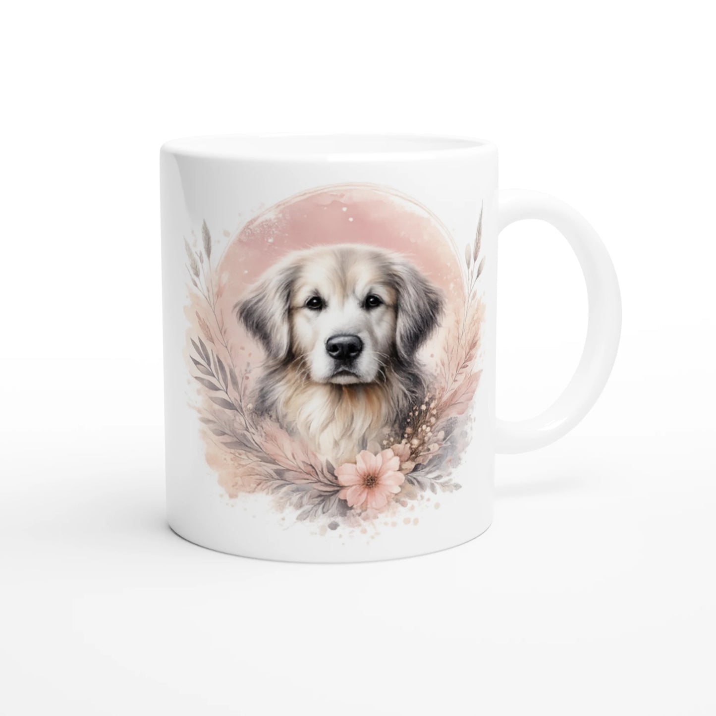 Keramiktasse mit Golden Retriever Portrait und zarten Blumen in warmen Naturtönen, dekorativer Hundebecher als Geschenk oder Alltagsbecher