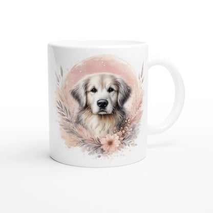 Keramiktasse mit Golden Retriever Portrait und zarten Blumen in warmen Naturtönen, dekorativer Hundebecher als Geschenk oder Alltagsbecher