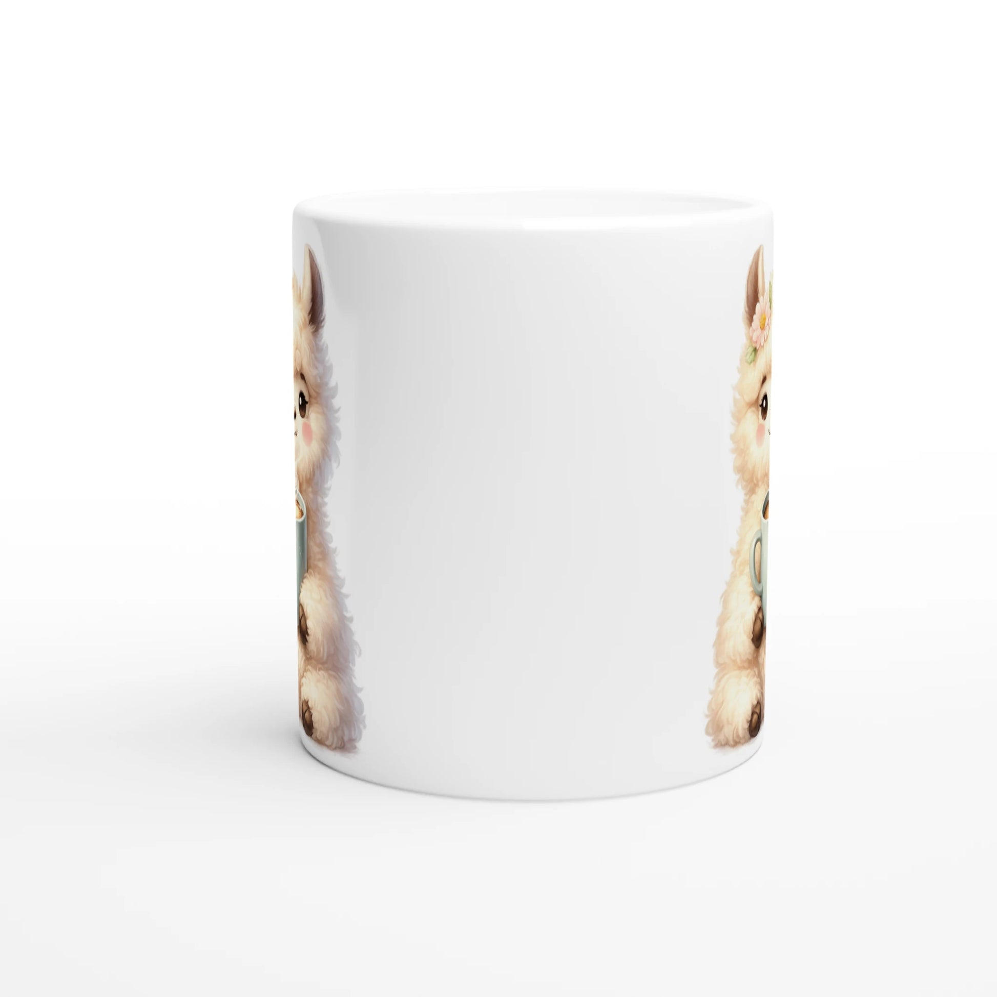 Keramiktasse mit niedlichem Lama, das eine Tasse hält, weiche Pastellfarben, ideal als Geschenk für Kaffee- und Tierliebhaber