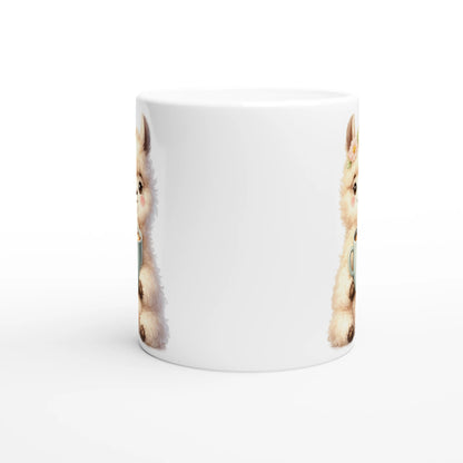 Keramiktasse mit niedlichem Lama, das eine Tasse hält, weiche Pastellfarben, ideal als Geschenk für Kaffee- und Tierliebhaber