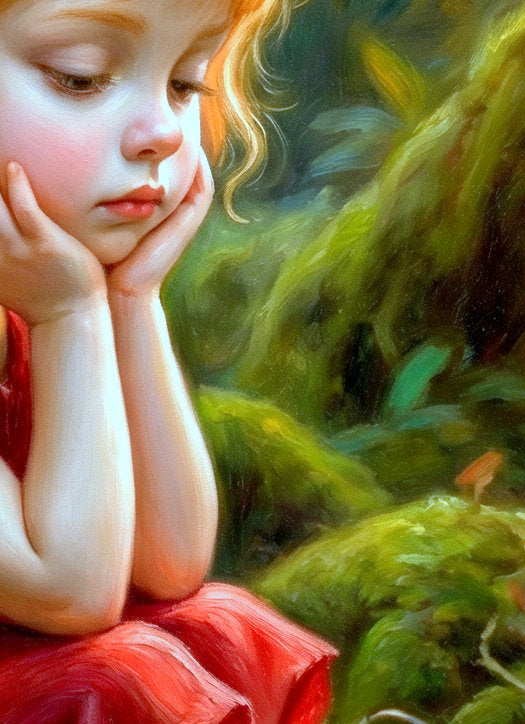 Zu sehen ist eine kleine Fee im Wald mit weichem rotblondem Haar, rosa Flügeln und rotem Kleid. Sie sitzt still auf einem bemoosten Baumstumpf, stützt ihr Gesicht in die Hände und wirkt verträumt, nachdenklich und märchenhaft.