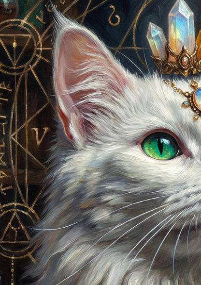 Mystisches digitales Wandbild einer weißen Katze mit grünen Augen, prachtvollem Edelsteinschmuck und alchemistischen Symbolen im Hintergrund – Fantasy Kunst Print von The Black Peacock