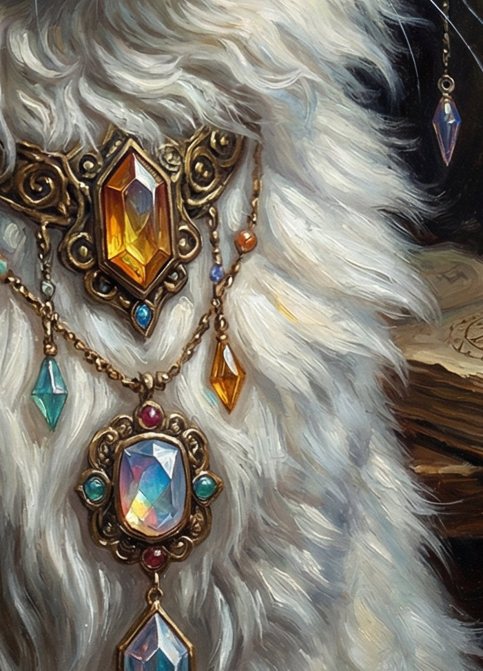 Mystisches digitales Wandbild einer weißen Katze mit grünen Augen, prachtvollem Edelsteinschmuck und alchemistischen Symbolen im Hintergrund – Fantasy Kunst Print von The Black Peacock
