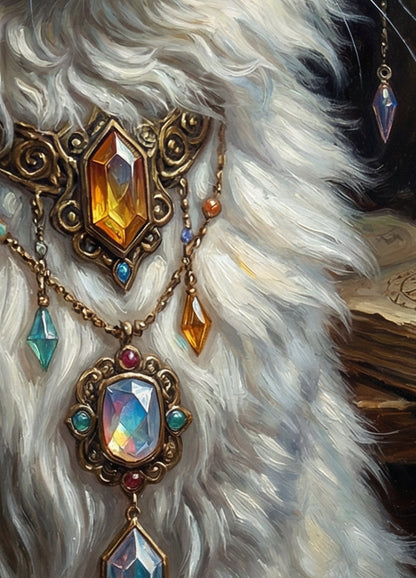 Mystisches digitales Wandbild einer weißen Katze mit grünen Augen, prachtvollem Edelsteinschmuck und alchemistischen Symbolen im Hintergrund – Fantasy Kunst Print von The Black Peacock