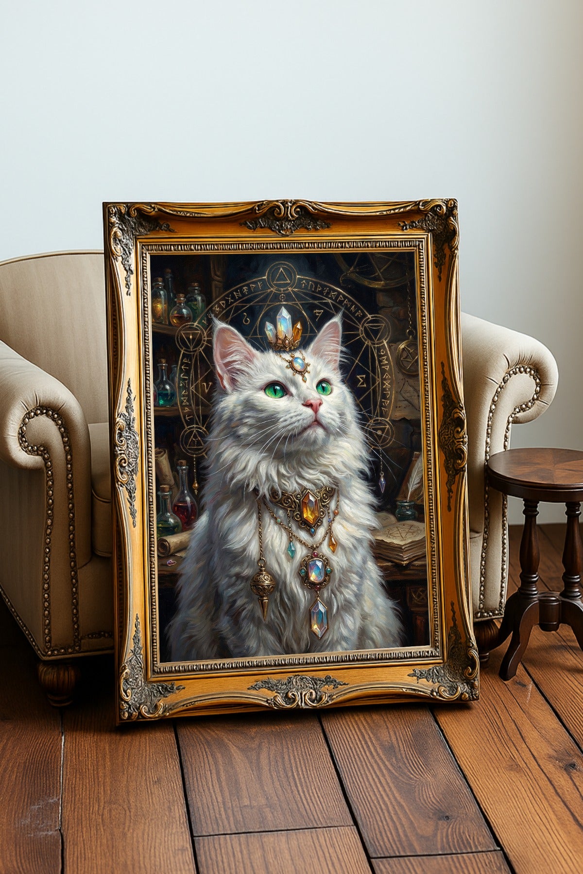 Mystisches digitales Wandbild einer weißen Katze mit grünen Augen, prachtvollem Edelsteinschmuck und alchemistischen Symbolen im Hintergrund – Fantasy Kunst Print von The Black Peacock
