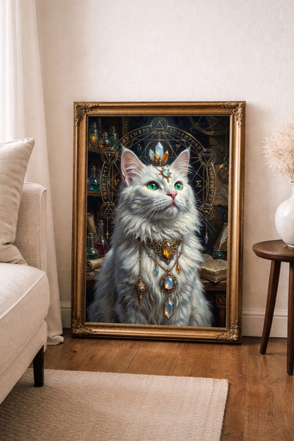 Mystisches digitales Wandbild einer weißen Katze mit grünen Augen, prachtvollem Edelsteinschmuck und alchemistischen Symbolen im Hintergrund – Fantasy Kunst Print von The Black Peacock