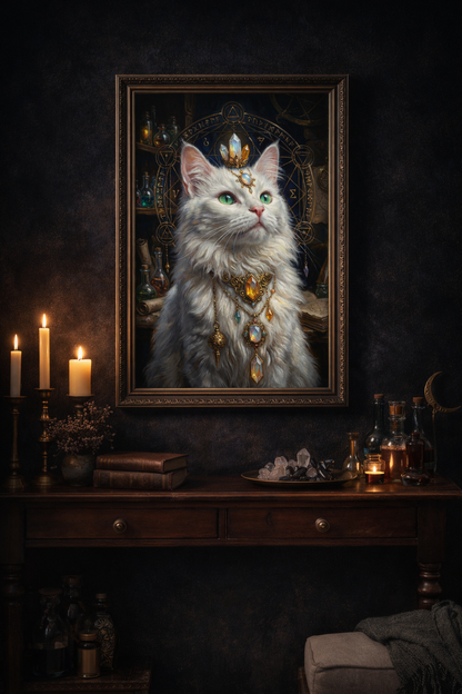 Mystisches digitales Wandbild einer weißen Katze mit grünen Augen, prachtvollem Edelsteinschmuck und alchemistischen Symbolen im Hintergrund – Fantasy Kunst Print von The Black Peacock