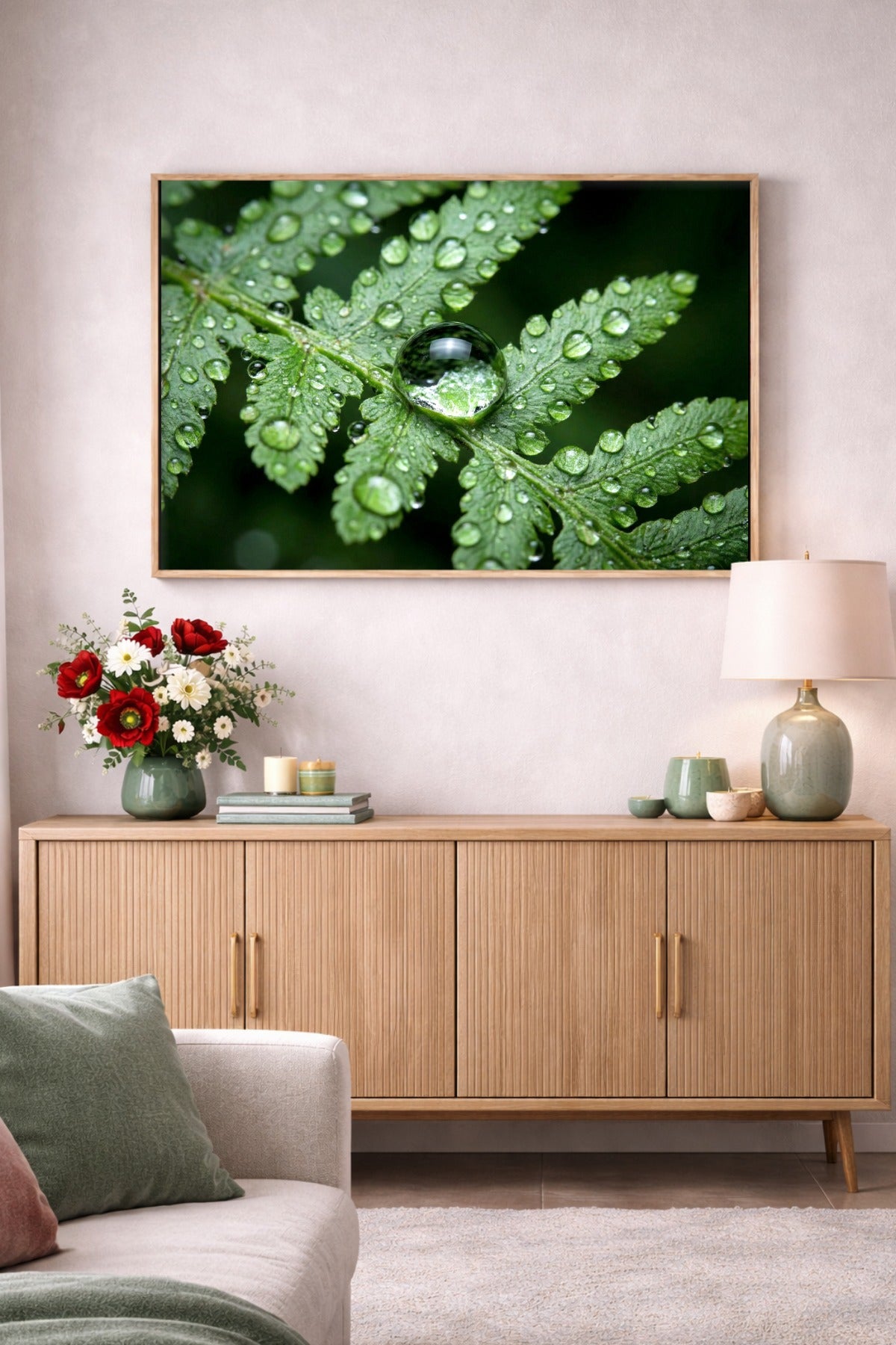 Digitales Poster mit detailreicher Nahaufnahme eines Farnblatts in frischem Grün, bedeckt von Wassertropfen, mit großem Tropfen im Zentrum und dunklem Bokeh-Hintergrund.