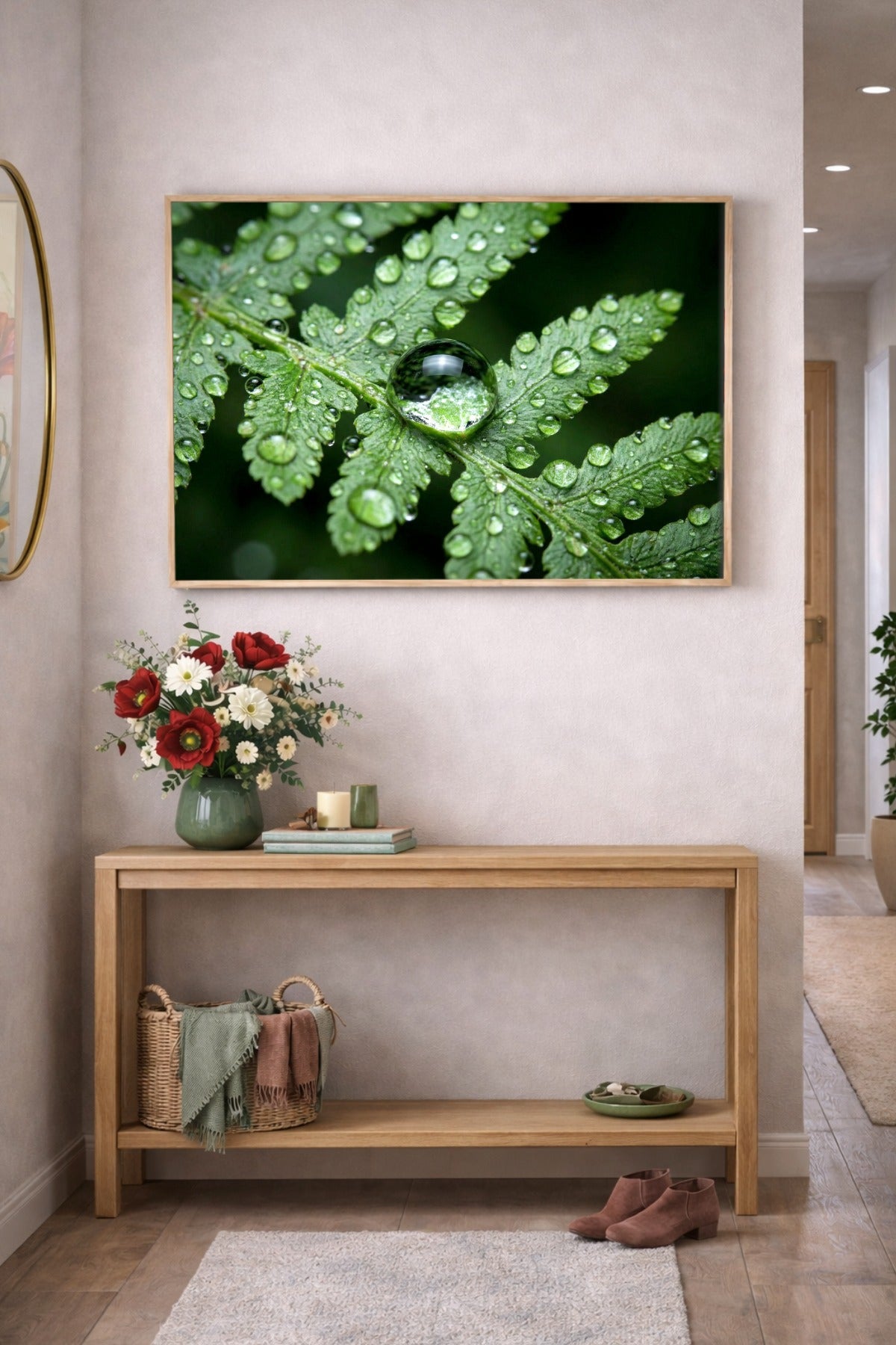 Grünes Farnblatt als digitales Wandbild, aufgenommen in klarer Nahaufnahme mit vielen Wassertropfen, großem Tropfen in der Mitte und ruhigem dunklen Hintergrund.