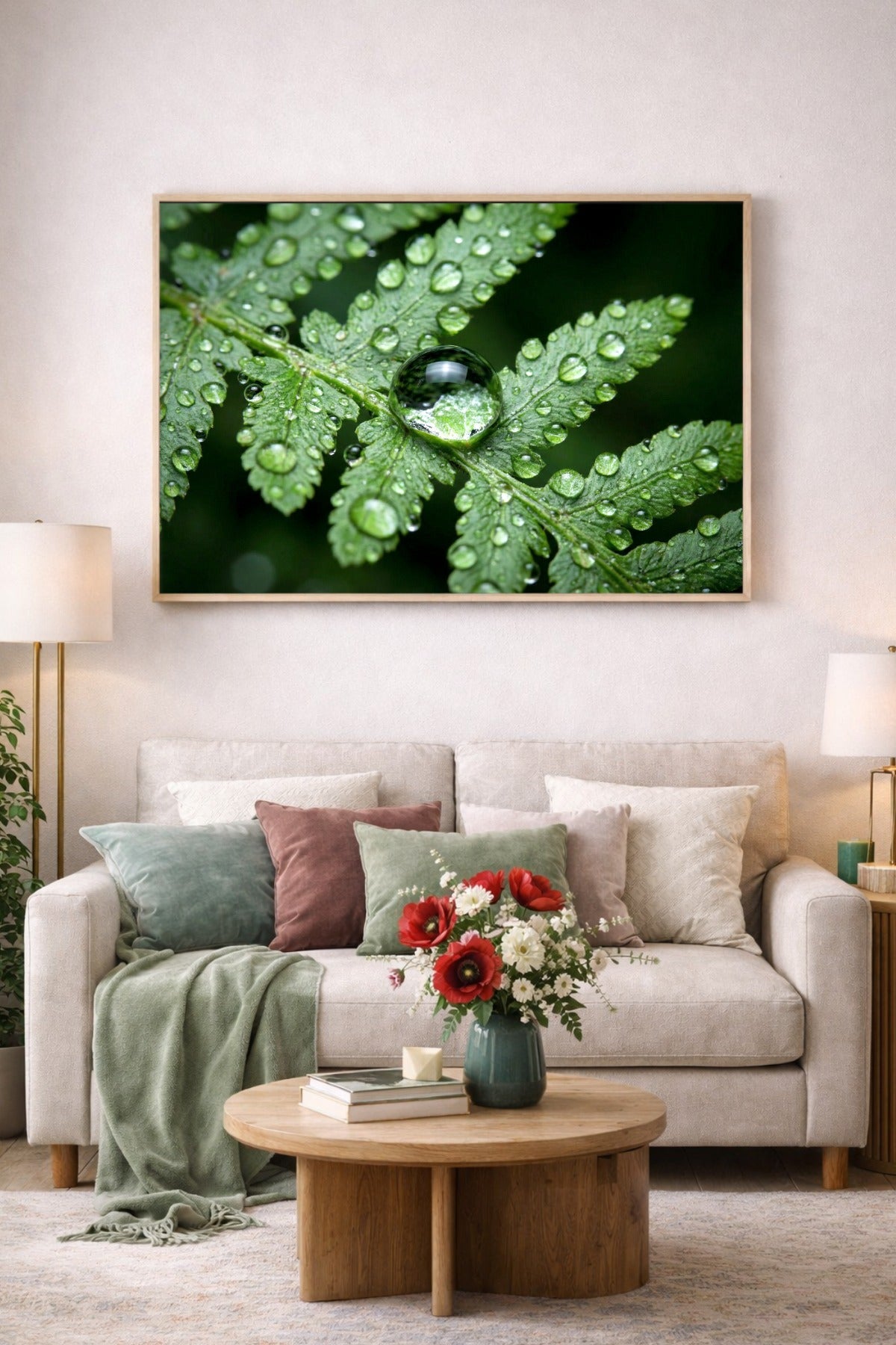Grünes Farnblatt in Makroansicht mit vielen klaren Wassertropfen und einem großen spiegelnden Tropfen in der Mitte vor dunklem Hintergrund als digitales Poster.