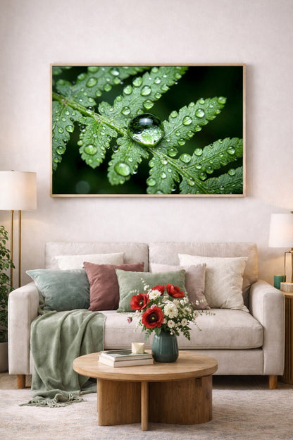 Grünes Farnblatt in Makroansicht mit vielen klaren Wassertropfen und einem großen spiegelnden Tropfen in der Mitte vor dunklem Hintergrund als digitales Poster.