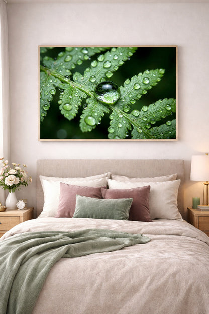 Nahaufnahme eines grünen Farnblatts nach Regen, mit zahlreichen Wassertropfen und großem zentralem Tropfen vor dunklem Hintergrund als minimalistisches Naturposter.