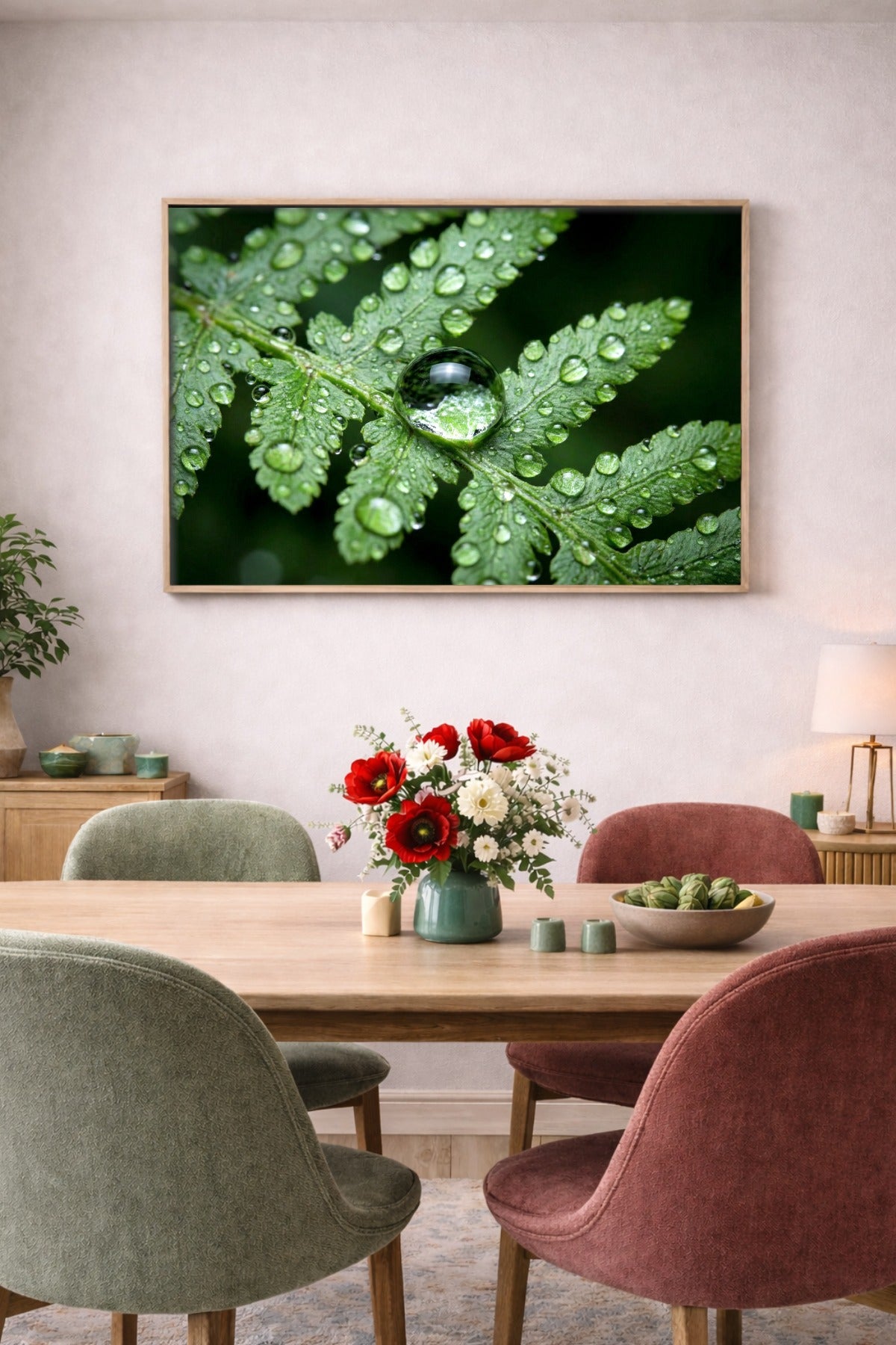 Natur Wandkunst mit grüner Farnblatt-Makroaufnahme, vielen kleinen Wassertropfen und einem großen reflektierenden Tropfen in der Blattmitte vor dunklem Hintergrund.