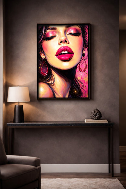 Digitales Glamour Frau Wandbild im Pop-Art-Stil mit pinkem Make-up, glänzenden Lippen, dunklem Haar und goldenen Akzenten vor leuchtendem Hintergrund.