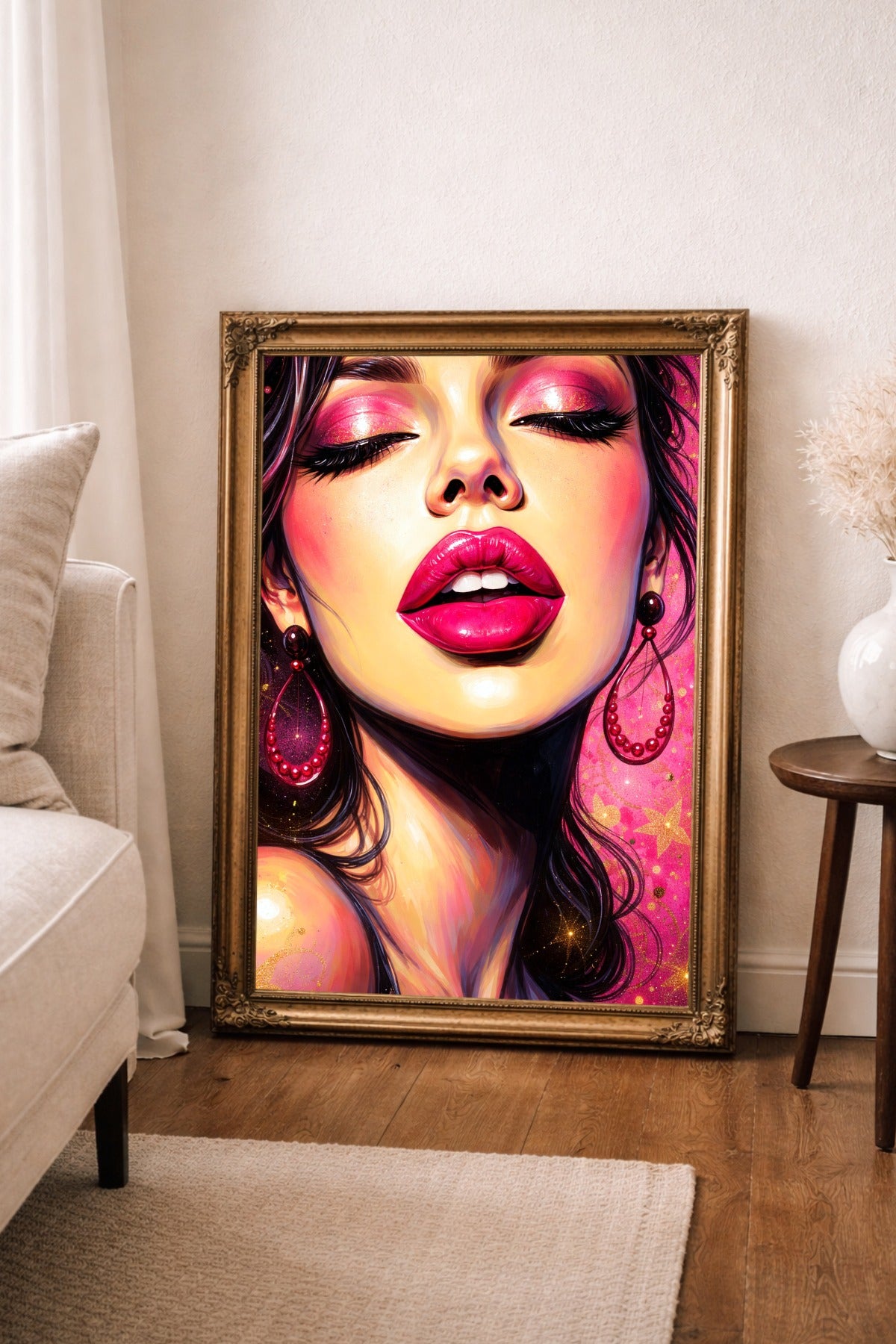 Digitales Glamour Frau Wandbild im Pop-Art-Stil mit pinkem Make-up, glänzenden Lippen, dunklem Haar und goldenen Akzenten vor leuchtendem Hintergrund.