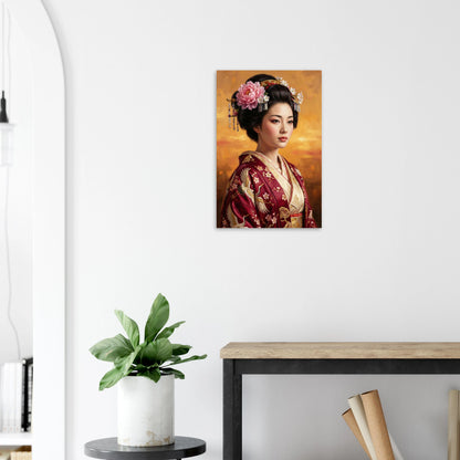 Geisha-Porträt im roten Kimono mit Kranich-Stickerei und Blüten im Haar, vor warm-goldenem Hintergrund, elegante Wandkunst.