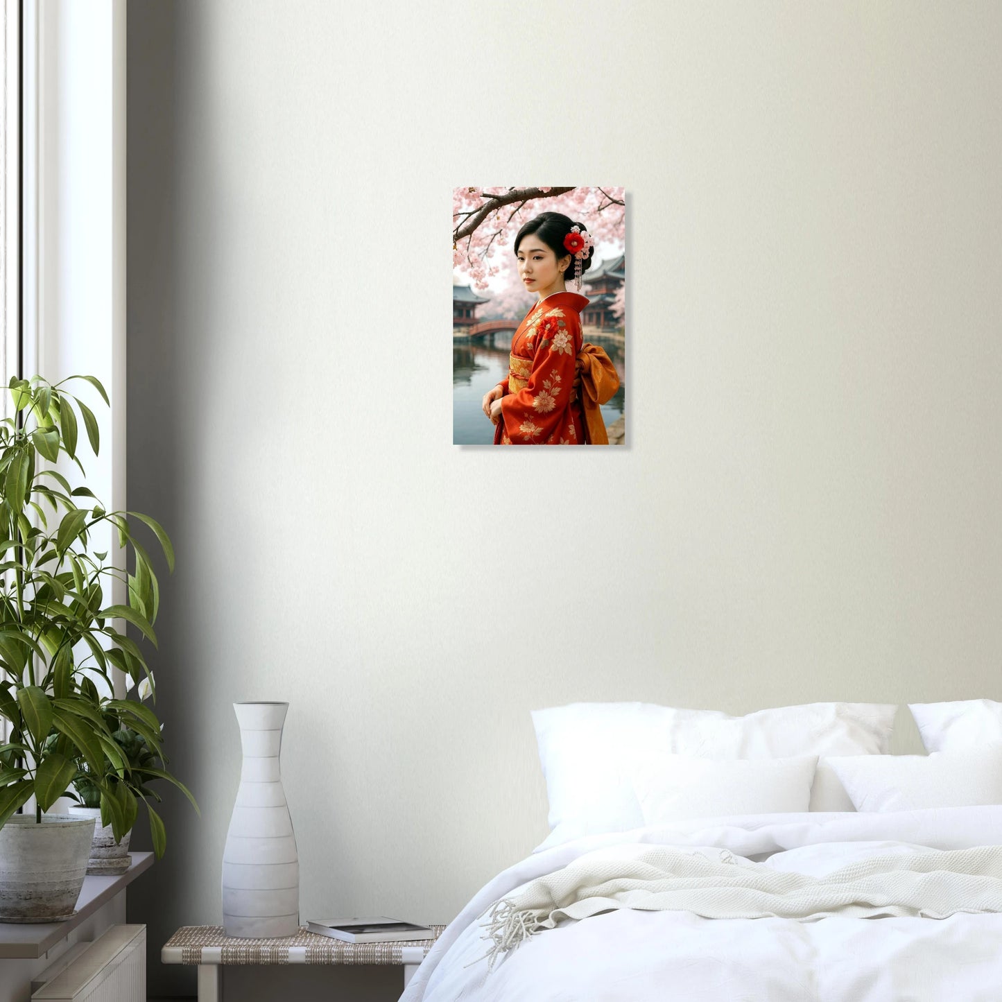 Japanisches Geisha-Poster im roten Kimono unter Kirschblüten, eleganter Kunstdruck mit ruhiger, harmonischer Bildwirkung.