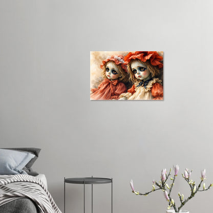 Hochwertiger Giclée-Kunstdruck zweier Vintage-Puppen mit melancholischen Augen, rostrote Kleider, samtiges mattes Finish.