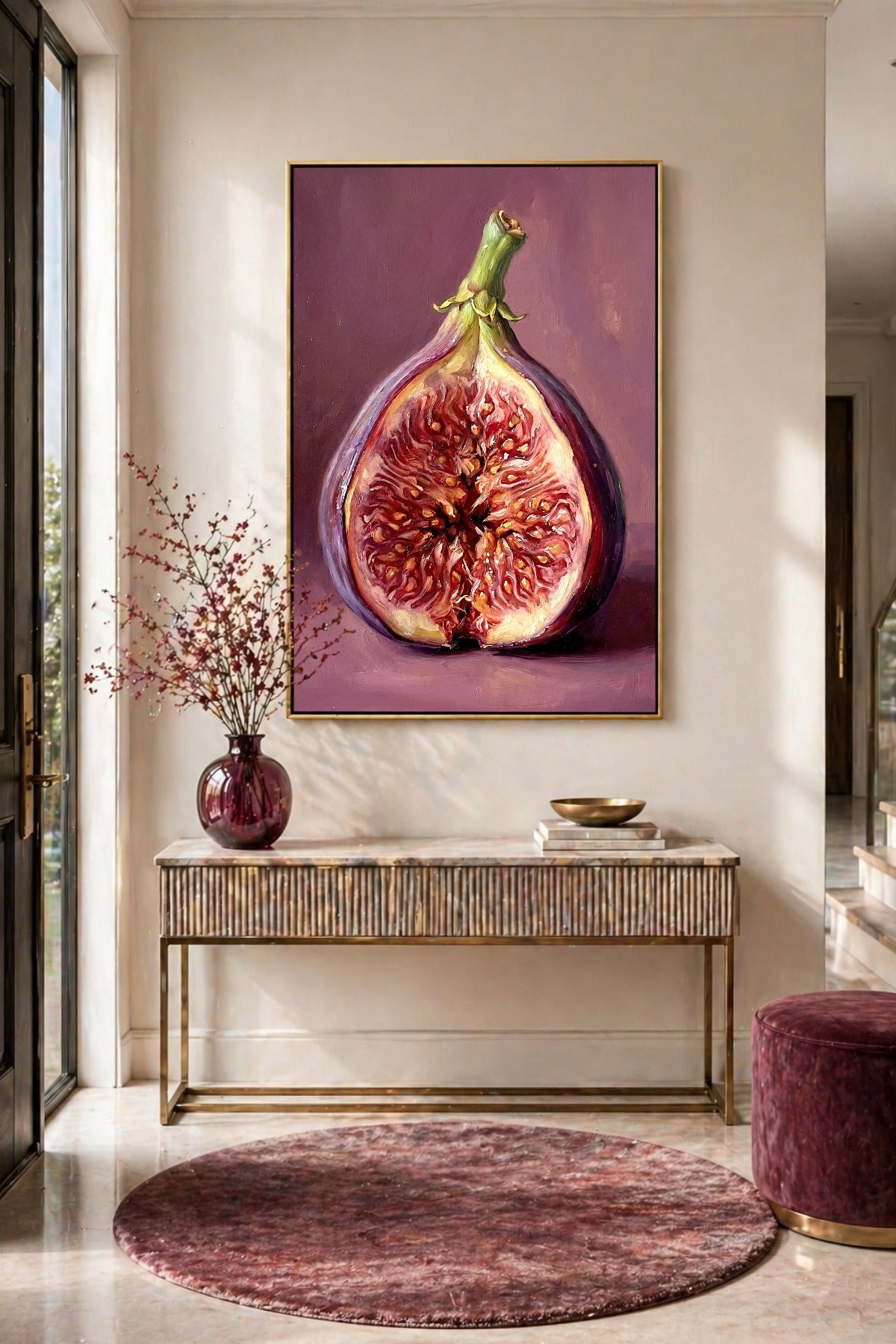Malerisches Feigenposter mit halbierter Frucht, violetter Schale und warmen Beerentönen als digitale Wandkunst für stilvolle Küchenräume.
