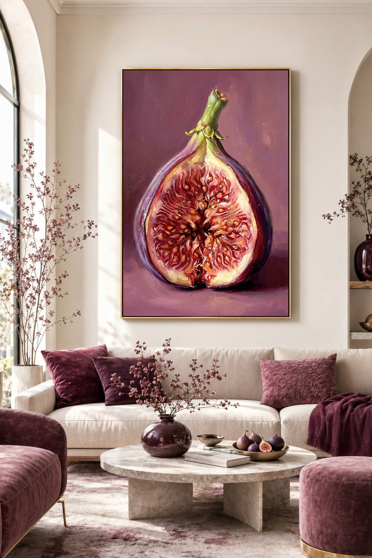 Digitale Küchenkunst mit halbierter Feige im malerischen Stil, satten Beerenfarben und ruhigem Mauve-Hintergrund für elegante Wohnräume.