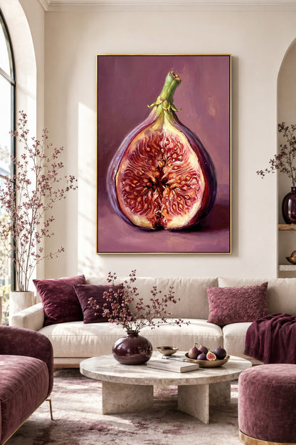 Digitale Küchenkunst mit halbierter Feige im malerischen Stil, satten Beerenfarben und ruhigem Mauve-Hintergrund für elegante Wohnräume.
