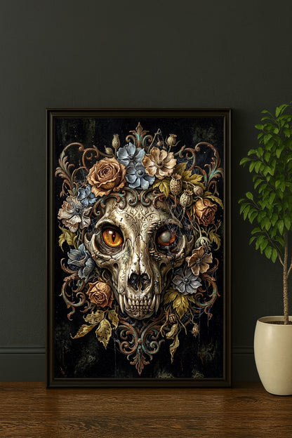 Digitales Witchy Poster mit Feline Skull, floralen Details und barockem Look. Passend für Dark Academia, Gothic Home Decor und Memento Mori Wände.