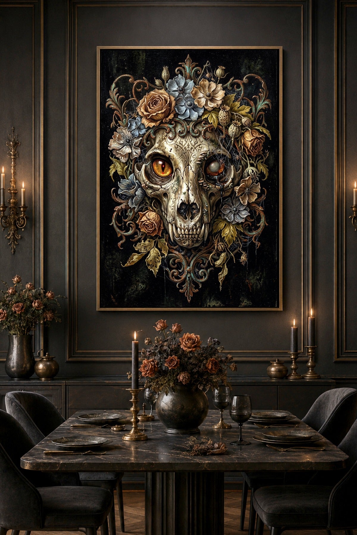 Digitales Witchy Poster mit Feline Skull, verwelkten Blüten, barocken Ornamenten und dunkler Memento-Mori-Atmosphäre.