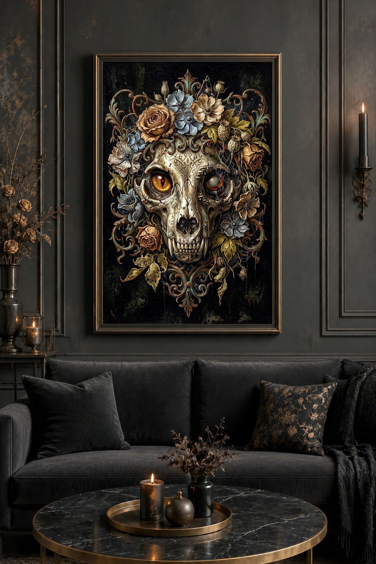Memento Mori Poster als Digitaldownload mit Feline Skull, dunkler Floristik, barocken Details und musealer Dark-Academia-Wirkung.