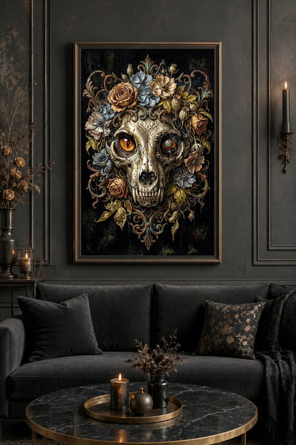 Memento Mori Poster als Digitaldownload mit Feline Skull, dunkler Floristik, barocken Details und musealer Dark-Academia-Wirkung.