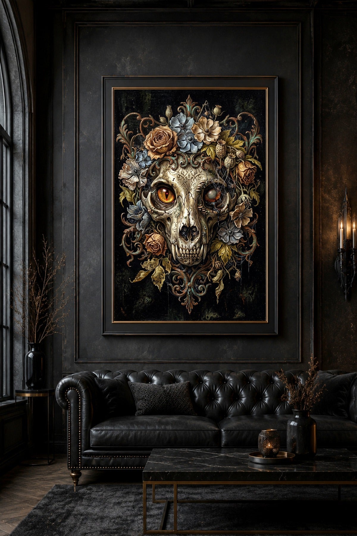 Witchy Cat Skull Poster mit floralen Elementen, barockem Wappen-Look und düsterer Gothic-Ästhetik für charaktervolle Wände.
