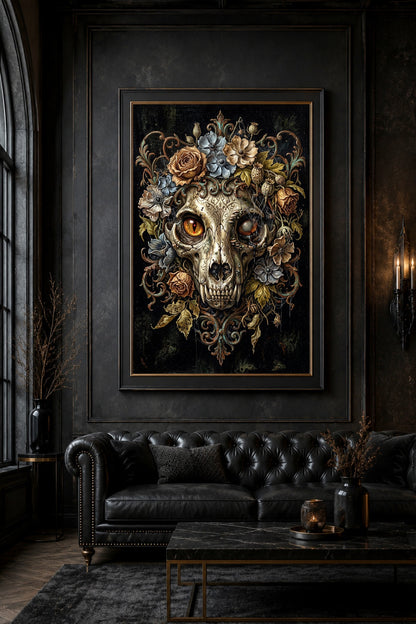 Witchy Cat Skull Poster mit floralen Elementen, barockem Wappen-Look und düsterer Gothic-Ästhetik für charaktervolle Wände.