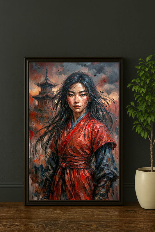 Digitales Poster mit einer Kriegerin in rotem Gewand, dunklem Haar und asiatisch inspirierter Pagode vor dramatischem Himmel im Hochformat.