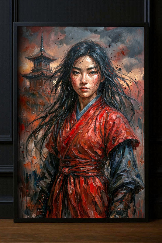 Großes Female Warrior Poster mit ausdrucksstarker Frau in roter Robe, dunklem Haar, Pagode und malerischer Rot-Grau-Komposition