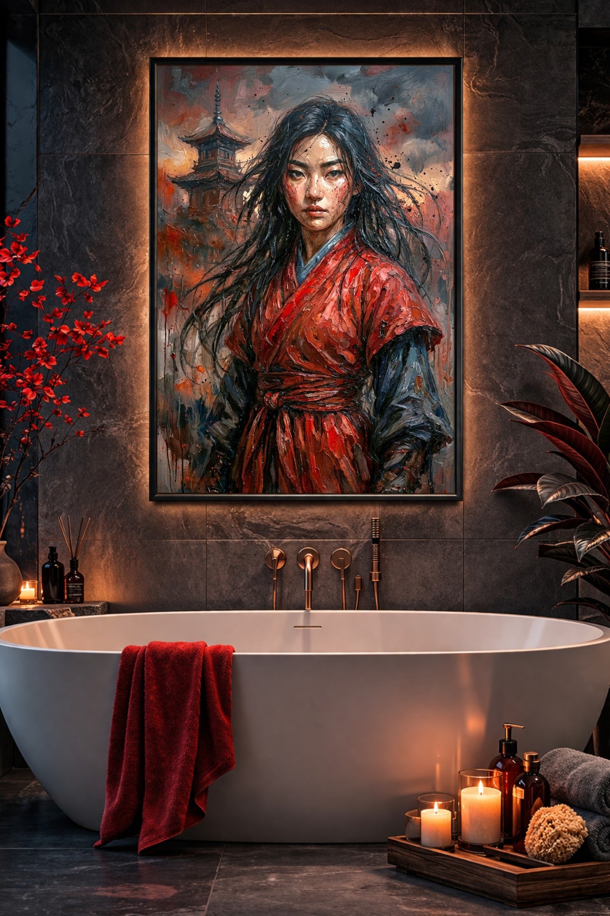 Digitales Kunstposter im Hochformat mit einer Kriegerin in roter Kleidung, dunklem Haar und asiatisch inspirierter Architektur vor dramatischem Himmel. Badezimmerposter
